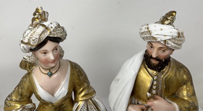Lot 34 - A PAIR PARIS PORCELAIN 'TURQUERIE' FIGURAL FLASKS, PROBABLY JACOB PETIT, MID 19TH CENTURY
