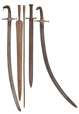 Lot 120 - TWO EASTERN SABRES, A NORTH AFRICAN KASKARA, AND TWO AFRICAN SPEARS, ALL 19TH CENTURY