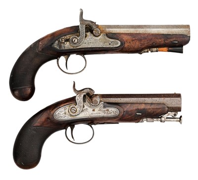 Lot 762 - A 14 BORE PERCUSSION TRAVELLING PISTOL, SIGNED SIMMONDS, MID-19TH CENTURY, AND ANOTHER OF 15 BORE