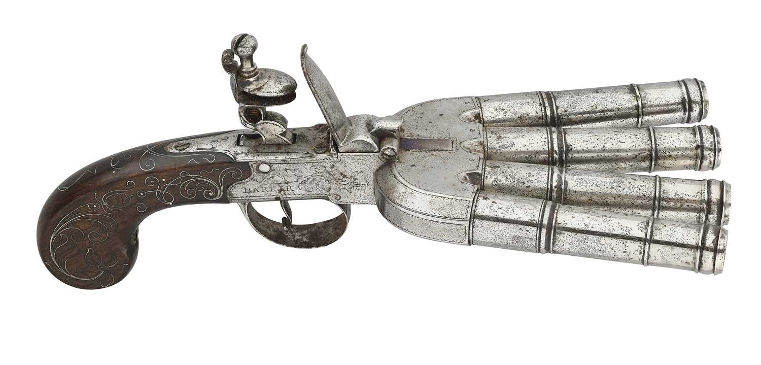 Lot 382 - AN 80 BORE FLINTLOCK BOX-LOCK FOUR-BARRELLED 'DUCK'S FOOT' PISTOL, PARTLY LATE 18TH CENTURY