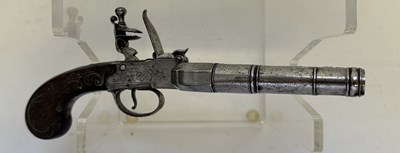 Lot 382 - AN 80 BORE FLINTLOCK BOX-LOCK FOUR-BARRELLED 'DUCK'S FOOT' PISTOL, PARTLY LATE 18TH CENTURY