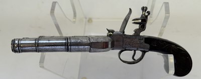 Lot 382 - AN 80 BORE FLINTLOCK BOX-LOCK FOUR-BARRELLED 'DUCK'S FOOT' PISTOL, PARTLY LATE 18TH CENTURY
