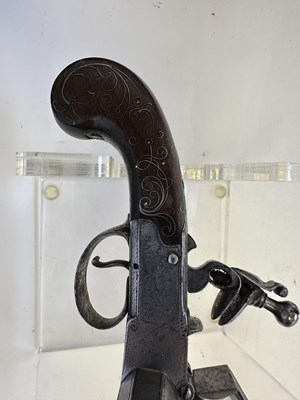 Lot 382 - AN 80 BORE FLINTLOCK BOX-LOCK FOUR-BARRELLED 'DUCK'S FOOT' PISTOL, PARTLY LATE 18TH CENTURY