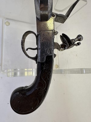 Lot 382 - AN 80 BORE FLINTLOCK BOX-LOCK FOUR-BARRELLED 'DUCK'S FOOT' PISTOL, PARTLY LATE 18TH CENTURY