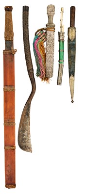 Lot 522 - A BHUTANESE DAGGER, AN INDIAN KARD, A CHINESE CUTLERY SET, A MALAYSIAN SWORD