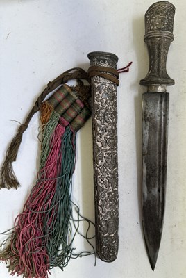 Lot 522 - A BHUTANESE DAGGER, AN INDIAN KARD, A CHINESE CUTLERY SET, A MALAYSIAN SWORD