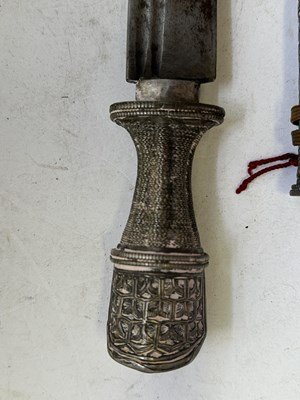 Lot 522 - A BHUTANESE DAGGER, AN INDIAN KARD, A CHINESE CUTLERY SET, A MALAYSIAN SWORD