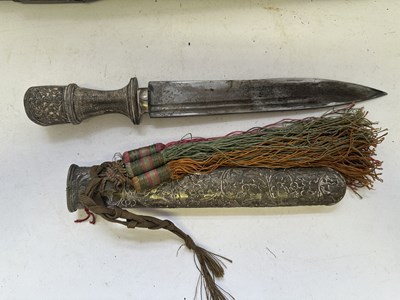 Lot 522 - A BHUTANESE DAGGER, AN INDIAN KARD, A CHINESE CUTLERY SET, A MALAYSIAN SWORD