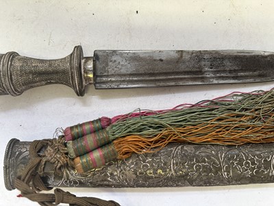 Lot 522 - A BHUTANESE DAGGER, AN INDIAN KARD, A CHINESE CUTLERY SET, A MALAYSIAN SWORD