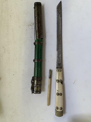 Lot 522 - A BHUTANESE DAGGER, AN INDIAN KARD, A CHINESE CUTLERY SET, A MALAYSIAN SWORD