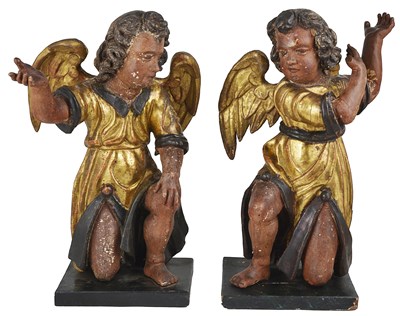 Lot 290 - A PAIR OF CARVED GILTWOOD AND POLYCHROME FIGURES OF ANGELS