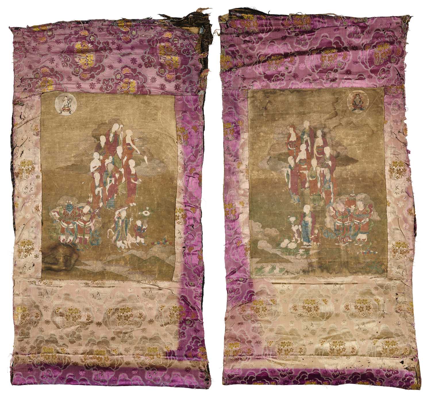 Lot 142 - A PAIR OF SINO-TIBETAN THANG-KAS DEPICTING THE EIGHTEEN ARHATS, 18TH CENTURY