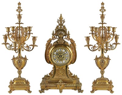 Lot 294 - A LARGE GILT-BRONZE THREE-PIECE CLOCK GARNITURE