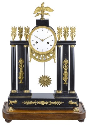 Lot 295 - AN ORMOLU-MOUNTED BLACK MARBLE PORTICO CLOCK