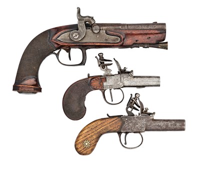 Lot 759 - A CONTINENTAL 22-BORE PERCUSSION TRAVELLING PISTOL, AND TWO 50-BORE FLINTLOCK