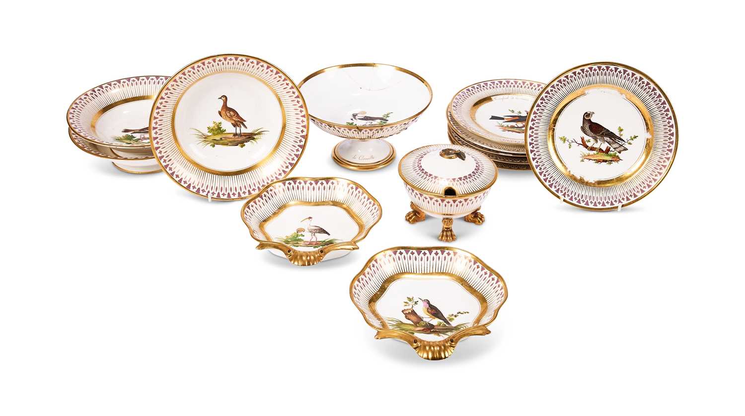 Lot 18 - A PARIS PORCELAIN (PIERRE-LOUIS DAGOTY) ORNITHOLOGICAL PART DESSERT SERVICE, CIRCA 1810