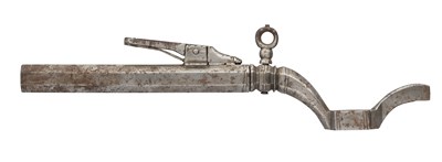 Lot 355 - A GERMAN COMBINED WHEEL-LOCK SPANNER, TURNSCREW AND POWDER-MEASURE, 17TH CENTURY