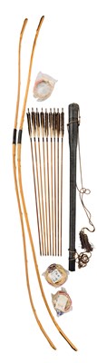 Lot 502 - TWO JAPANESE BOWS, A QUIVER (YAZUTSU) OF ARROWS AND SEVERAL BOWSTRINGS, 20TH CENTURY