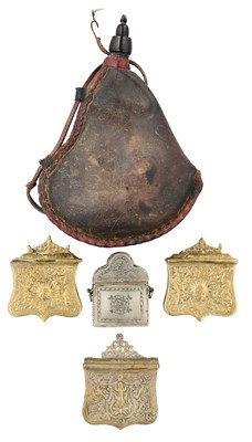 Lot 576 - THREE OTTOMAN BALKAN COPPER ALLOY CARTRIDGE BOXES (PALASKAS), A FURTHER BALKAN BOX