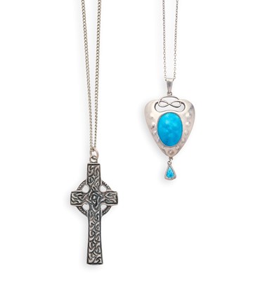 Lot 399 - CHARLES HORNER, ARTS & CRAFTS SILVER AND ENAMEL PENDANT, 1912 AMD A SILVER CROSS, 1968