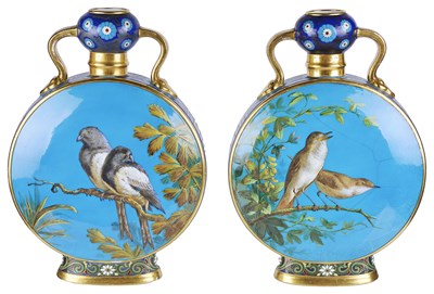 Lot 322 - A PAIR OF MINTONS AESTHETIC MOVEMENT BONE-CHINA MOON FLASKS