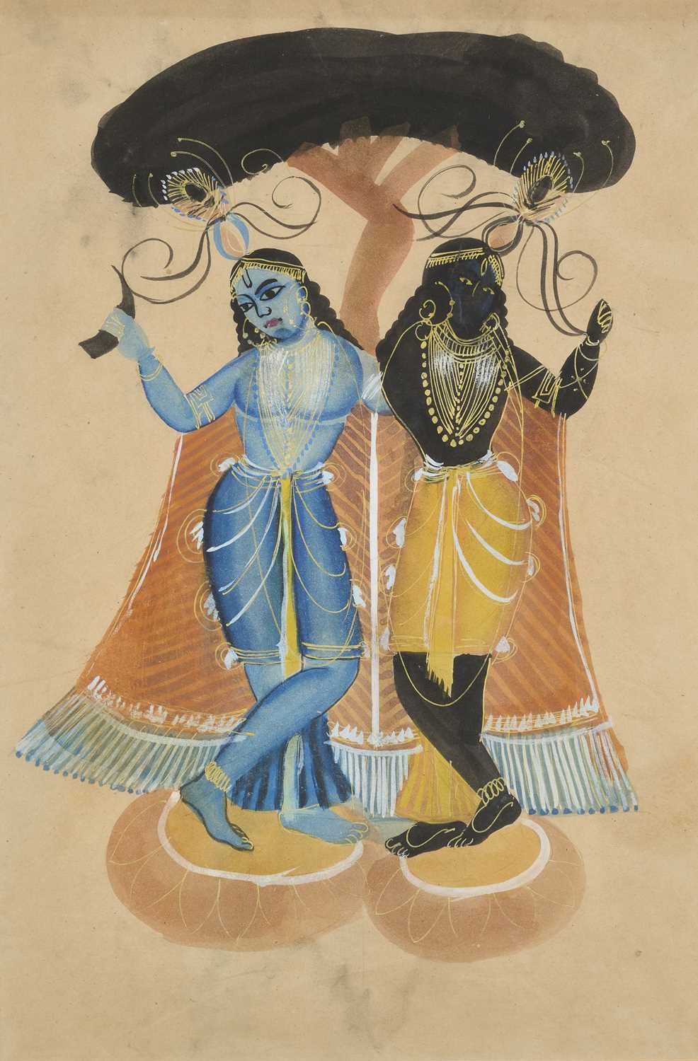 Lot 292 - A KALIGHAT PAINTING DEPICTING KRISHNA AND BALARAMA, BENGAL, INDIA, SECOND HALF 19TH CENTURY