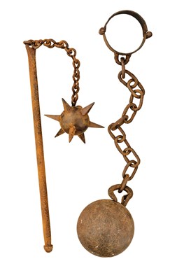 Lot 686 - A ‘MORNING STAR’ MACE OR FLAIL, AND A BALL AND CHAIN SHACKLE, BOTH IN MEDIEVAL STYLE