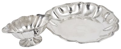 Lot 334 - A SPANISH SILVER SERVING DISH AND A SAUCEBOAT