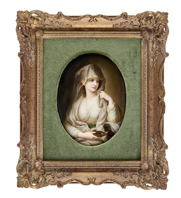 Lot 49 - A PAINTED PORCELAIN PLAQUE OF A LADY AS A VESTAL VIRGIN, PROBABLY GERMAN, LATE 19TH CENTURY