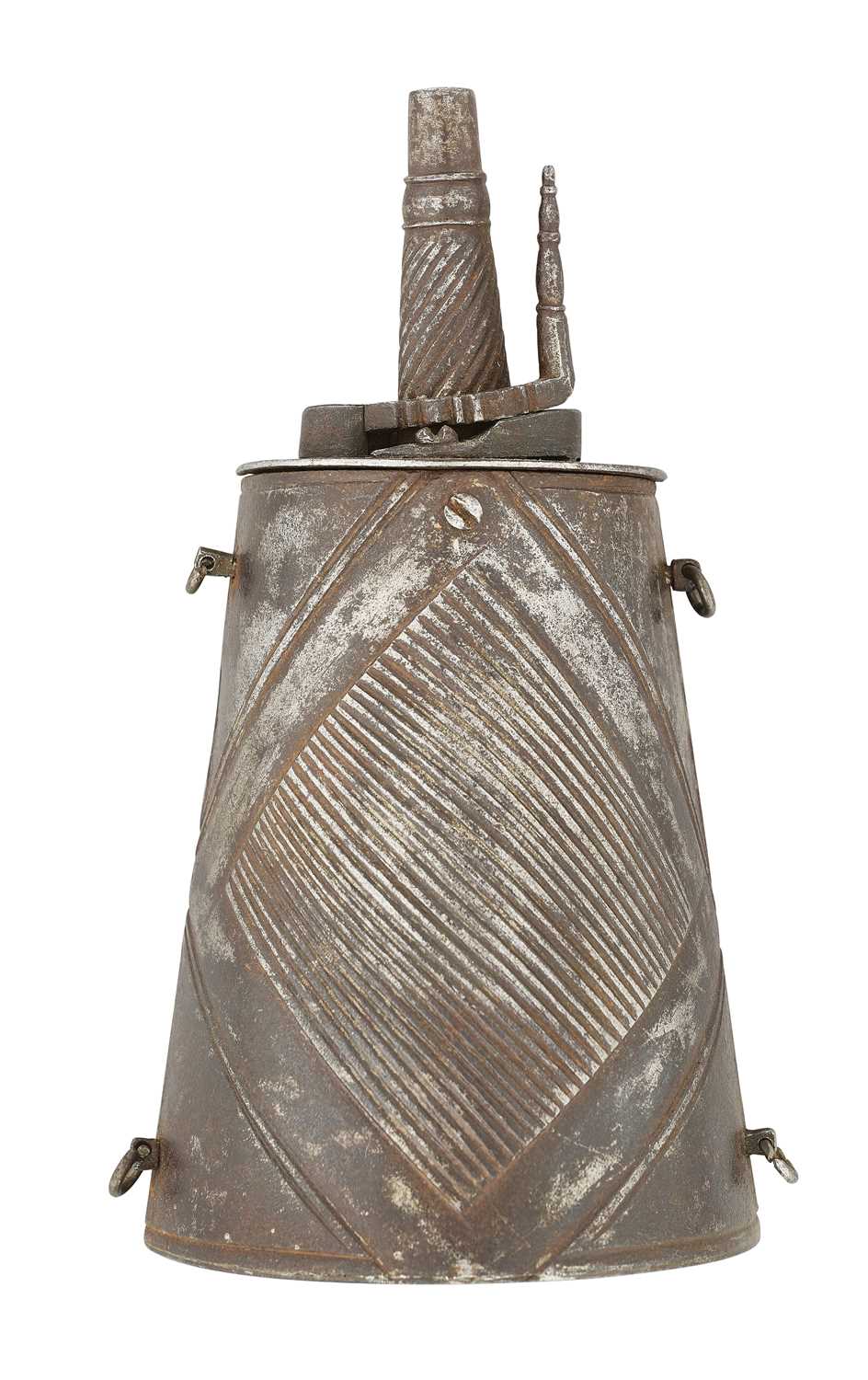 Lot 82 - AN ITALIAN POWDER-FLASK FORMED ENTIRELY OF STEEL, LAST QUARTER OF THE 16TH CENTURY