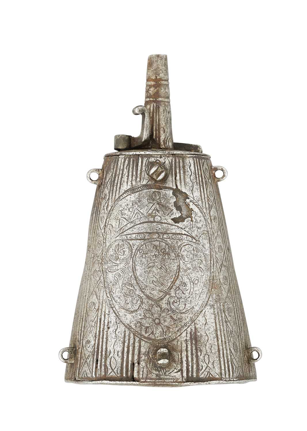 Lot 84 - AN ITALIAN PRIMING-FLASK FORMED ENTIRELY OF STEEL, LAST QUARTER OF THE 16TH CENTURY