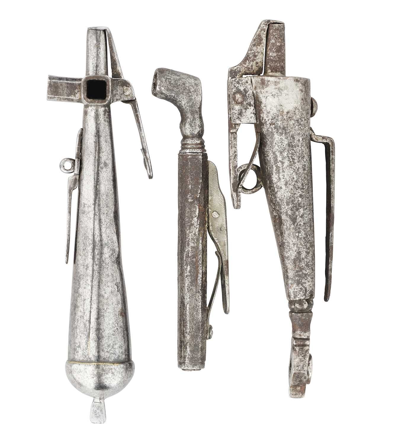Lot 83 - TWO GERMAN COMBINED POWDER-FLASKS, WHEEL-LOCK SPANNERS AND TURNSCREWS, 17TH CENTURY