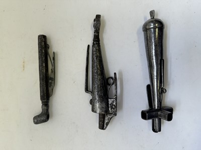 Lot 83 - TWO GERMAN COMBINED POWDER-FLASKS, WHEEL-LOCK SPANNERS AND TURNSCREWS, 17TH CENTURY