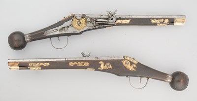 Lot 97 - A FINE AND RARE BRACE OF 40 BORE GERMAN SILVER-MOUNTED WHEEL-LOCK HOLSTER PISTOLS (PUFFERS)
