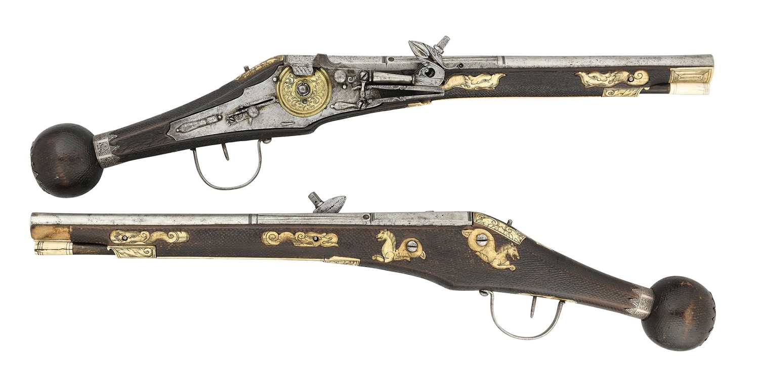 Lot 97 - A FINE AND RARE BRACE OF 40 BORE GERMAN SILVER-MOUNTED WHEEL-LOCK HOLSTER PISTOLS (PUFFERS)