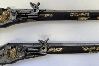 Lot 97 - A FINE AND RARE BRACE OF 40 BORE GERMAN SILVER-MOUNTED WHEEL-LOCK HOLSTER PISTOLS (PUFFERS)