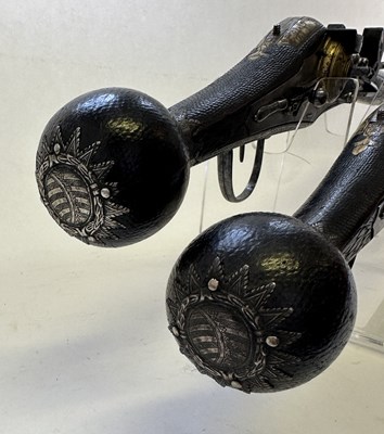 Lot 97 - A FINE AND RARE BRACE OF 40 BORE GERMAN SILVER-MOUNTED WHEEL-LOCK HOLSTER PISTOLS (PUFFERS)