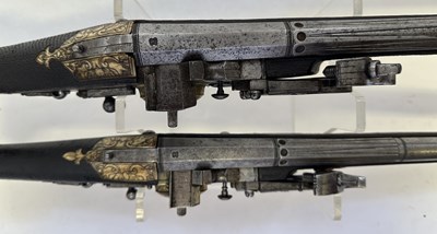 Lot 97 - A FINE AND RARE BRACE OF 40 BORE GERMAN SILVER-MOUNTED WHEEL-LOCK HOLSTER PISTOLS (PUFFERS)
