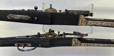 Lot 97 - A FINE AND RARE BRACE OF 40 BORE GERMAN SILVER-MOUNTED WHEEL-LOCK HOLSTER PISTOLS (PUFFERS)