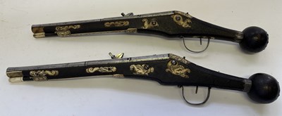 Lot 97 - A FINE AND RARE BRACE OF 40 BORE GERMAN SILVER-MOUNTED WHEEL-LOCK HOLSTER PISTOLS (PUFFERS)