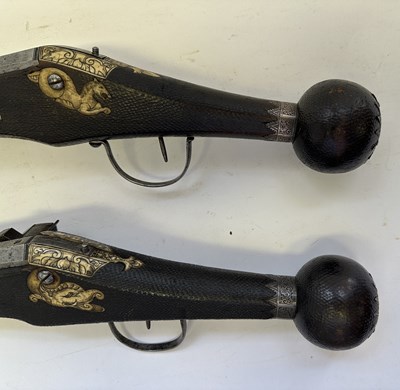 Lot 97 - A FINE AND RARE BRACE OF 40 BORE GERMAN SILVER-MOUNTED WHEEL-LOCK HOLSTER PISTOLS (PUFFERS)