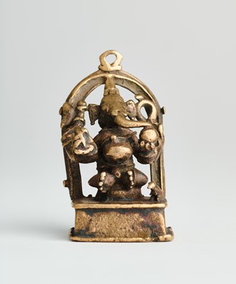 Lot 310 - A SMALL BRONZE FIGURE OF GANESHA, DECCAN, SOUTHERN INDIA, CIRCA 16TH CENTURY