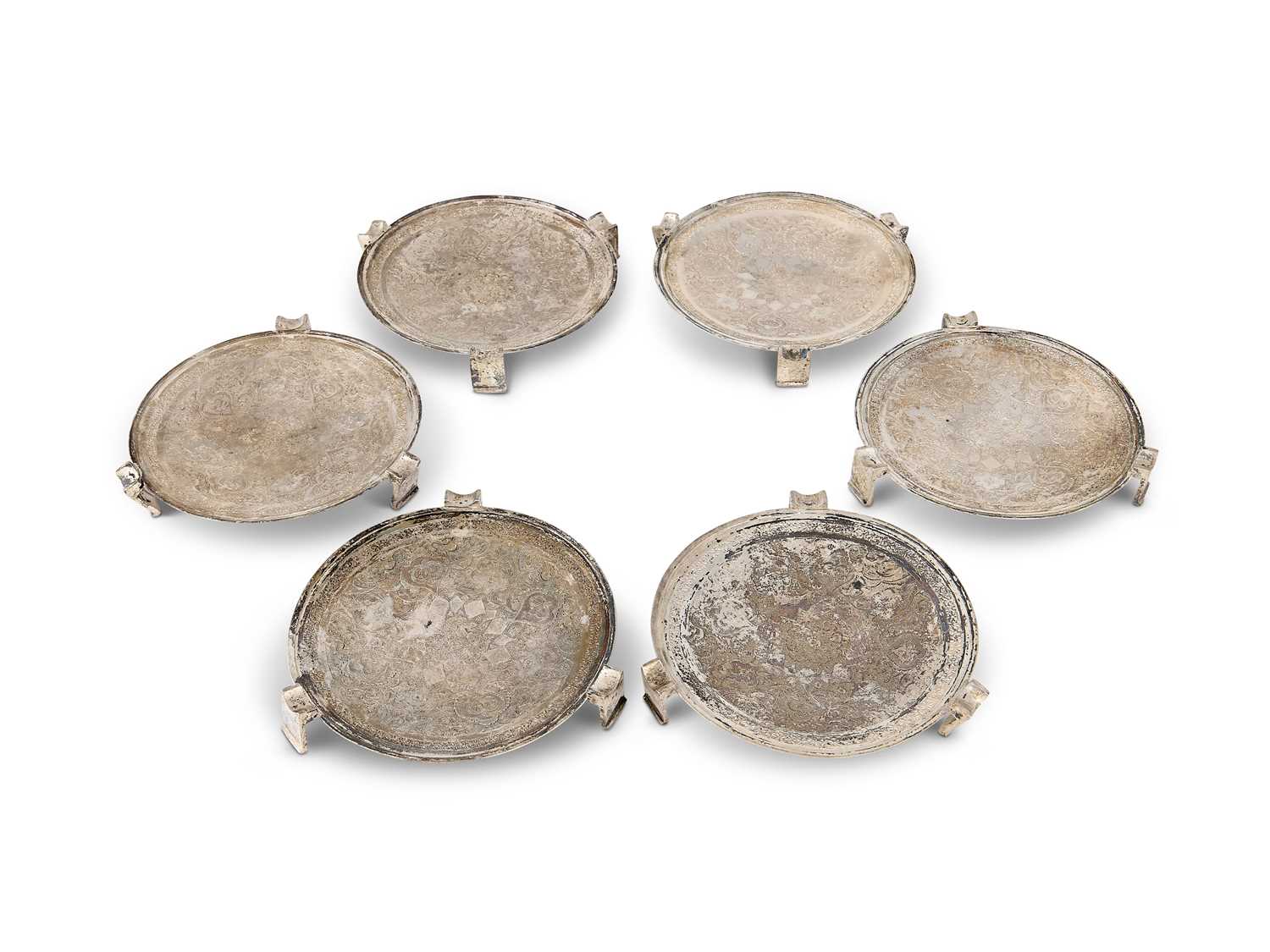 Lot 134 - A SET OF SIX IRANI ASHTRAYS, ABBAS PARVARESH, ISFAHAN, CIRCA 1950