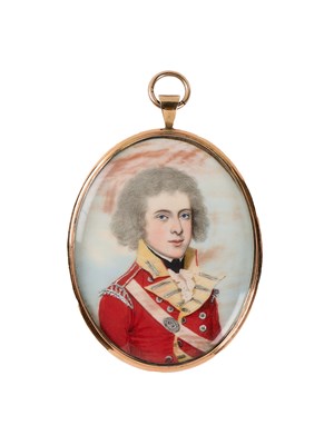 Lot 401 - A PORTRAIT MINIATURE OF AN OFFICER OF THE 16TH REGIMENT OF FOOT BEDFORDSHIRE BY FREDERCK BUCK (1771-CIRCA 1840), CIRCA 1795