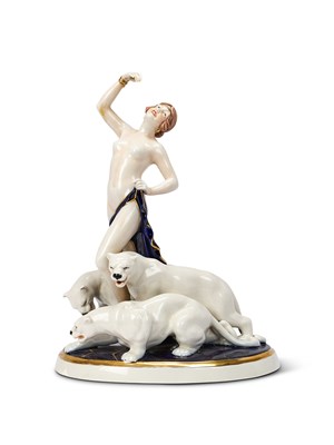 Lot 74 - A ROYAL DUX GROUP OF A DANCER AND THREE PANTHERS, CIRCA 1930