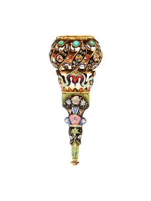 Lot 319 - A SMALL ENAMELLED GOLD POSY HOLDER, PROBABLY SWISS, MID 19TH CENTURY