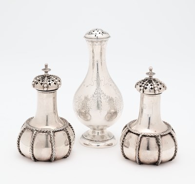 Lot 141 - A PAIR OF VICTORIAN SILVER PEPPERETTES AND A FURTHER PEPPERETTES, ALL C.T. & G. FOX, LONDON, 1858 / 60