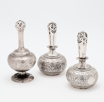 Lot 136 - A PAIR OF VICTORIAN SILVER PEPPERETTES AND A FURTHER PEPPERETTE, C.T. & G. FOX, LONDON, 1854 / 69