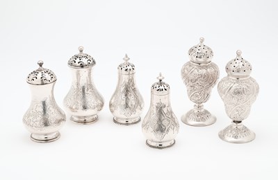 Lot 139 - THREE PAIRS OF VICTORIAN SILVER PEPPERETTES, LONDON, 1844 / 66 / 89