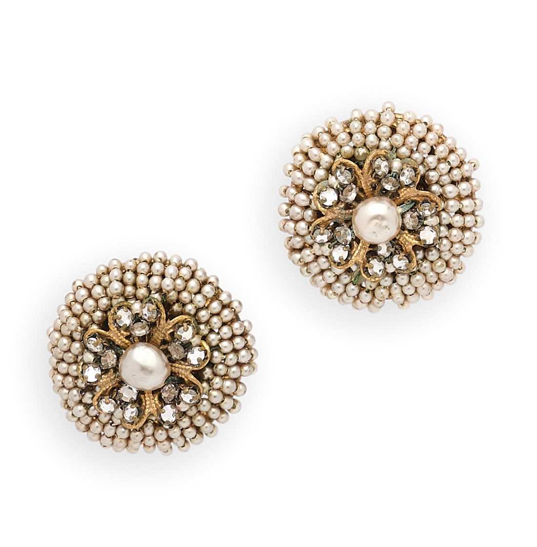 Lot 389 - MIRIAM HASKELL: IMITATION PEARL AND PASTE EAR CLIPS, 1950s